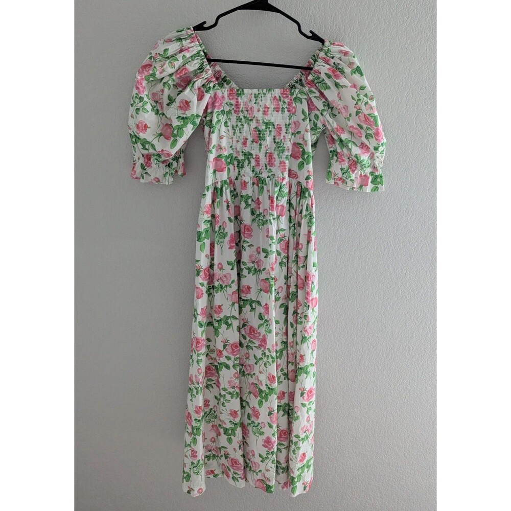 Hill House Ophelia White Midi Dress with Pink Rose & Green Leaf Print - Picture 4 of 6